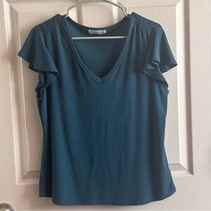 89th & Madison Teal V-Neck Ruffle Sleeve Top Women’s Size Large